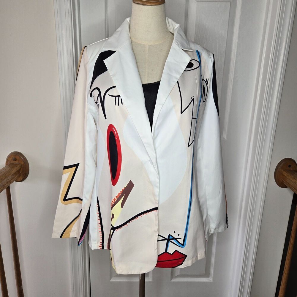 Koandaily Women's White Multi-Colored Art Graphic Blazer Jacket Sz L - Picture 1 of 10
